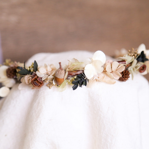 本物のどんぐりやお花を使った花冠 くすみカラー ベビー キッズ 子供用  
