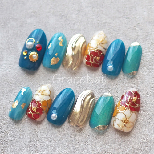 現品販売！ネイルチップ No.1075 成人式卒業式和柄振袖袴着物 ネイル  