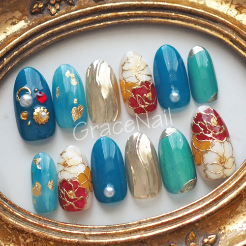 現品販売！ネイルチップ No.1075 成人式卒業式和柄振袖袴着物 ネイル  