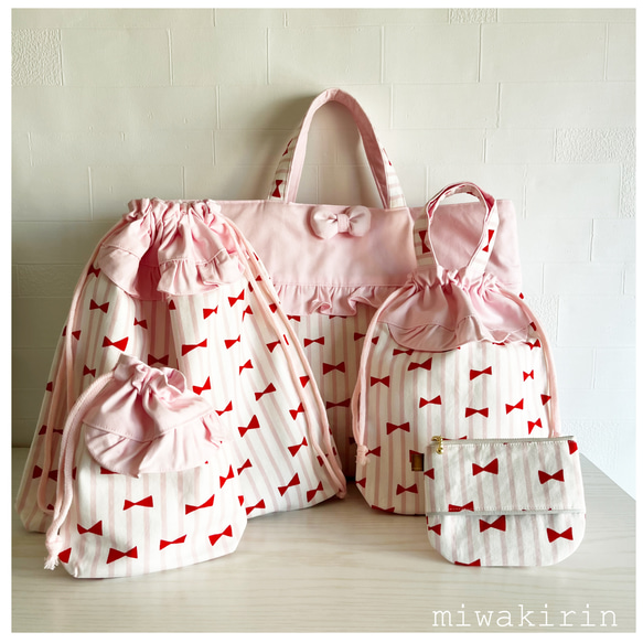 入園♡入学 レッスンバックセット♡リボン柄 トップ フリルピンク