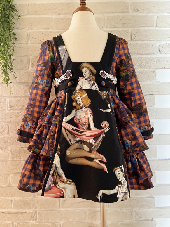 子供服　ゾンビガール‍♀️✖️チェック パネルラインワンピースドレス　100サイズ　女の子　ハロウィン　仮装 1枚目の画像