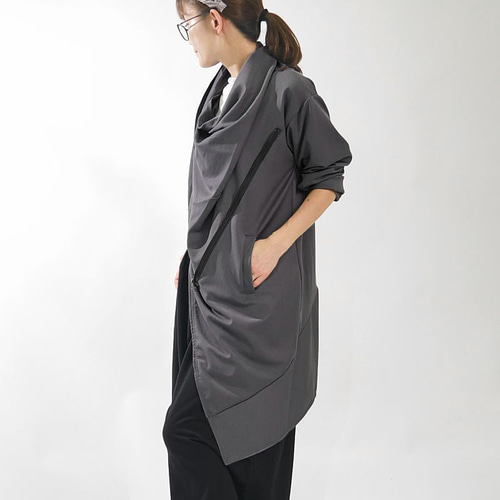 慈雨　ベージュ アシンメトリー ジャケット アシンメトリー＊カシュクールZIPロングジャケットコート＊ジャージー