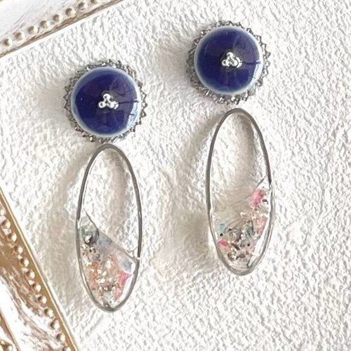 美濃焼】 ネイビー 母の日 ギフト 花紺青 ドライフラワー ピアス 