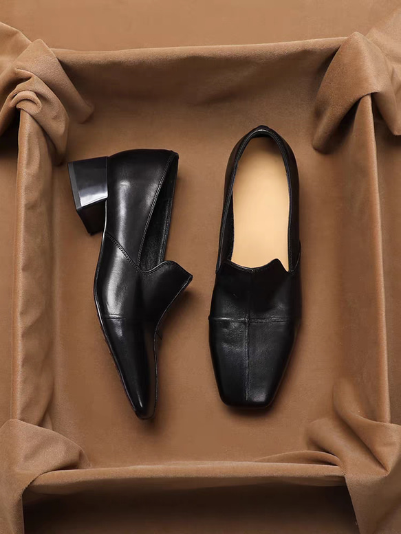 【新品】本革スクエアトウローファーパンプス 履き心地ガ柔らかい！ 高級感 ローファー 靴 スクエアトゥ パンプス