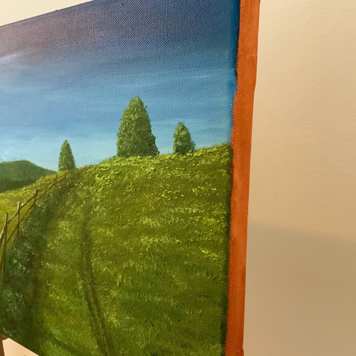 何かが隠れている油絵【緑の隠れ家】1点物の原画◆作者サイン入り 風景画 パリ 油絵「路地裏の緑のひさしのあるカフェ