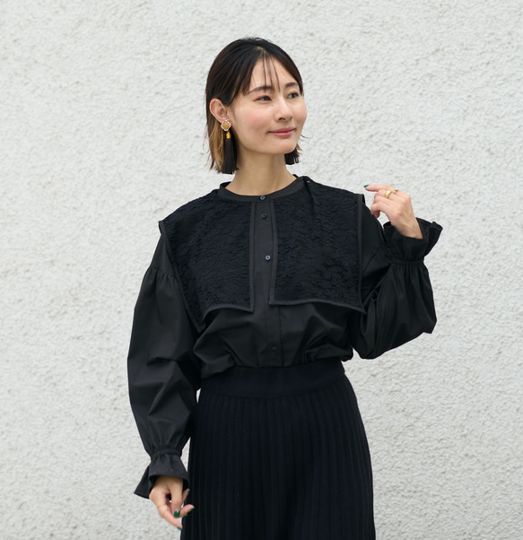 ﾓﾘﾉｶﾞｯｺｳ 花束のようなレースビックカラーケープ長袖ブラウス (ブラック) 襟付きデザイン｜mg-lb17-bk 20枚目の画像