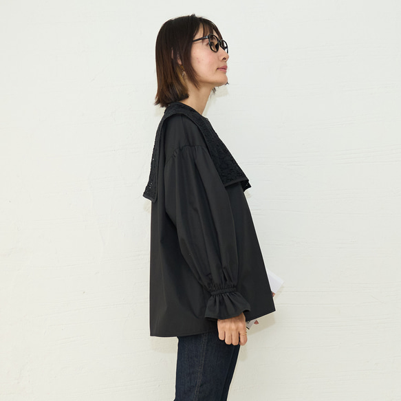 ﾓﾘﾉｶﾞｯｺｳ 花束のようなレースビックカラーケープ長袖ブラウス (ブラック) 襟付きデザイン｜mg-lb17-bk 8枚目の画像