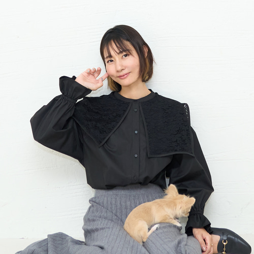 ﾓﾘﾉｶﾞｯｺｳ 花束のようなレースビックカラーケープ長袖ブラウス