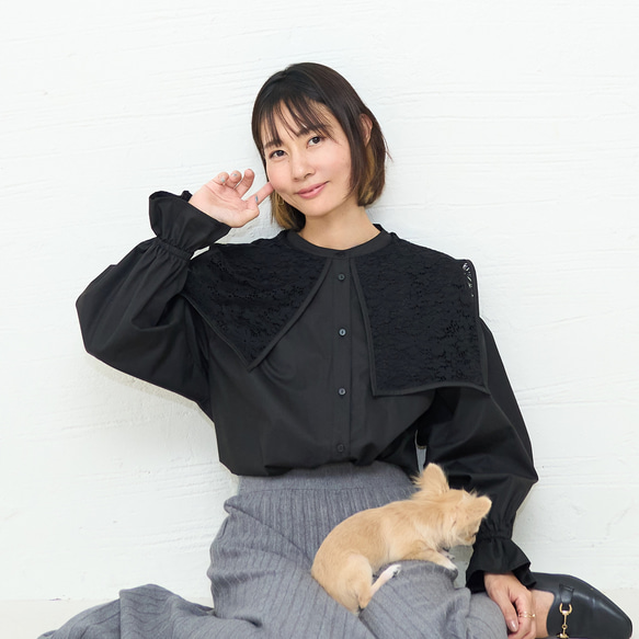 ﾓﾘﾉｶﾞｯｺｳ 花束のようなレースビックカラーケープ長袖ブラウス (ブラック) 襟付きデザイン｜mg-lb17-bk 10枚目の画像