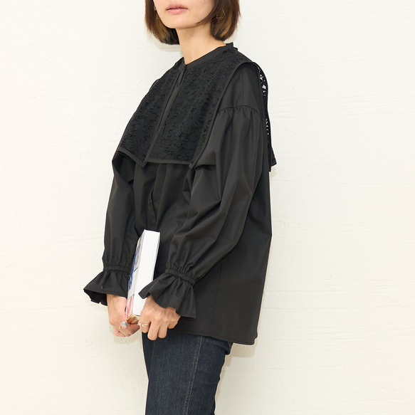 ﾓﾘﾉｶﾞｯｺｳ 花束のようなレースビックカラーケープ長袖ブラウス (ブラック) 襟付きデザイン｜mg-lb17-bk 5枚目の画像