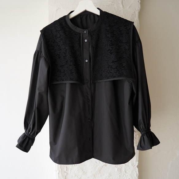 ﾓﾘﾉｶﾞｯｺｳ 花束のようなレースビックカラーケープ長袖ブラウス (ブラック) 襟付きデザイン｜mg-lb17-bk 6枚目の画像