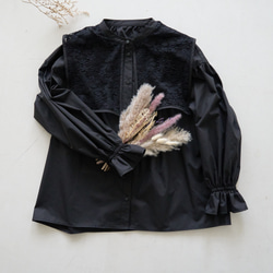 ﾓﾘﾉｶﾞｯｺｳ 花束のようなレースビックカラーケープ長袖ブラウス (ブラック) 襟付きデザイン｜mg-lb17-bk 2枚目の画像