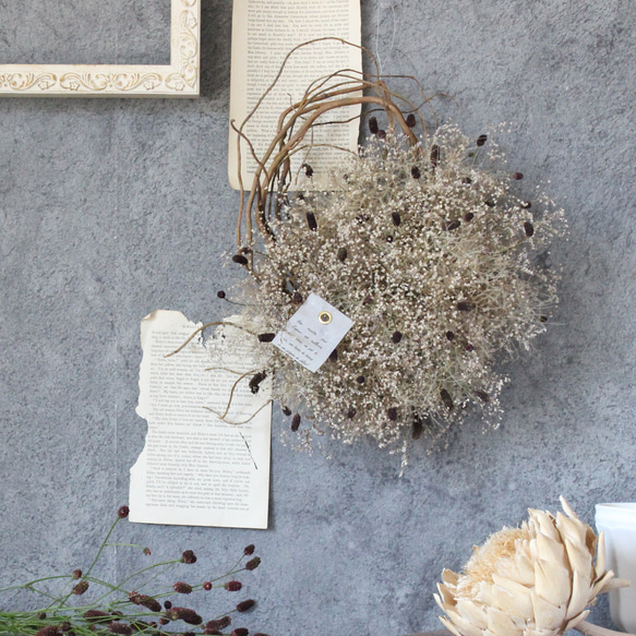 かすみ草と吾亦紅のリース№2 ドライフラワーリース 雲竜リース 秋色