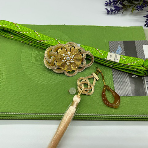 2716半幅帯＆豪華帯留・根付・絹帯締め 和装小物 化繊半幅帯 浴衣  