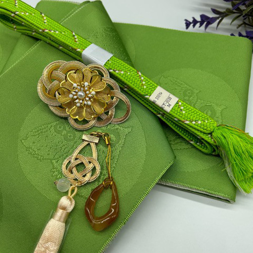 2716半幅帯＆豪華帯留・根付・絹帯締め 和装小物 化繊半幅帯 浴衣  