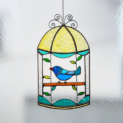 鳥かごコトリ（ステンドグラスのオーナメント・サンキャッチャー）イエロー・青い鳥 1枚目の画像