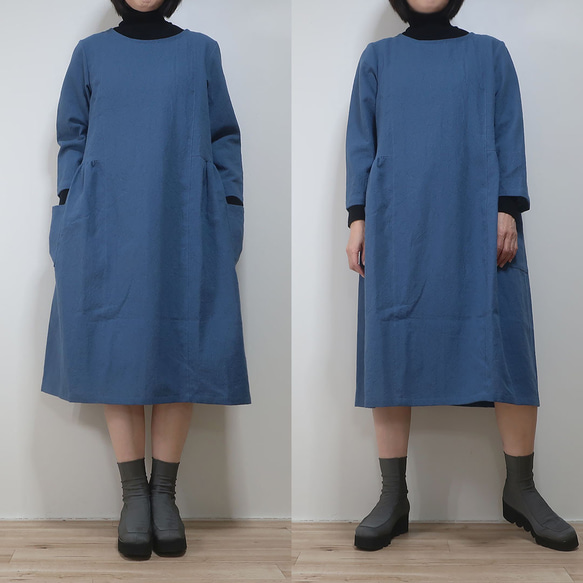 【新色追加】暖かみのある青❣長袖切替ギャザーワンピース（綿麻／全12色） 8枚目の画像