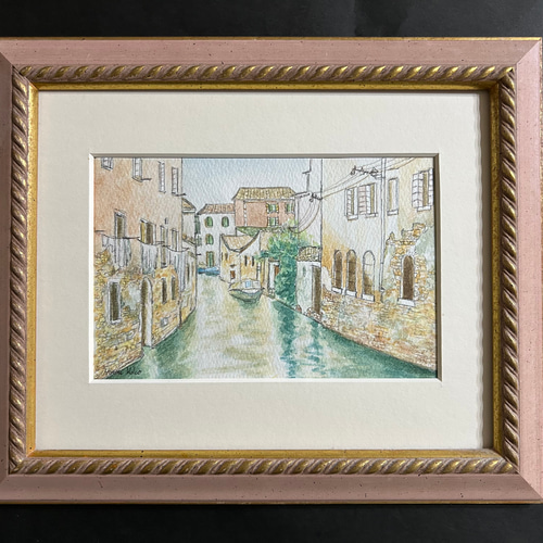 運河の街（イタリア、ヴェネツィア、原画、透明水彩、額付き