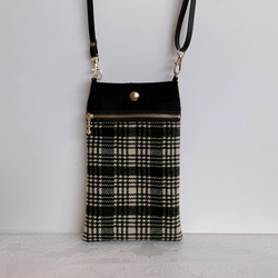 スマホショルダー チェック柄イエロー×ブラック/ポシェット スマホポーチ/合皮ショルダーストラップ　長さ調整可能◎ギフト 3枚目の画像