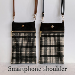 スマホショルダー チェック柄イエロー×ブラック/ポシェット スマホポーチ/合皮ショルダーストラップ　長さ調整可能◎ギフト 8枚目の画像