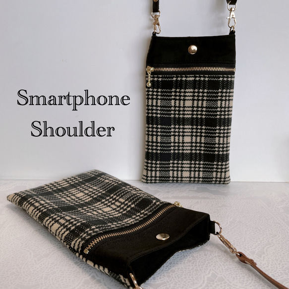 スマホショルダー チェック柄イエロー×ブラック/ポシェット スマホポーチ/合皮ショルダーストラップ　長さ調整可能◎ギフト 2枚目の画像