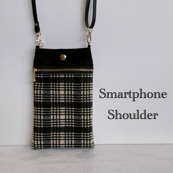 スマホショルダー チェック柄イエロー×ブラック/ポシェット スマホポーチ/合皮ショルダーストラップ　長さ調整可能◎ギフト 1枚目の画像