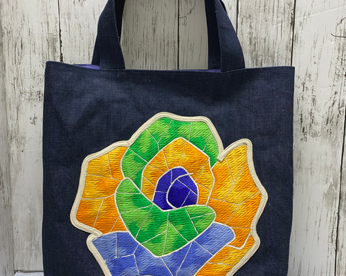 帯リメイク 刺繍とデニムのトートバッグ トートバッグ アトリエ