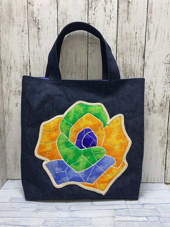 帯リメイク 刺繍とデニムのトートバッグ トートバッグ アトリエ