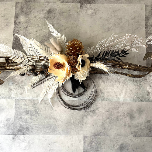 モダンシック 正月飾り 水引飾りドライフラワー 個性的 モノトーン