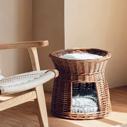 手編み猫用ラタンベッド 天然籐 猫多頭飼い ダブルベッド クッション