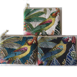 再販フランス生地　両面（S）熱帯雨林植物　小鳥　スマトラ　ジャングル　ポーチ コスメ入れ　　カード入れ　　薬入れ 1枚目の画像