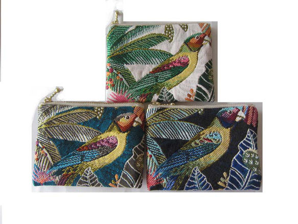 再販フランス生地　両面（S）熱帯雨林植物　小鳥　スマトラ　ジャングル　ポーチ コスメ入れ　　カード入れ　　薬入れ 1枚目の画像