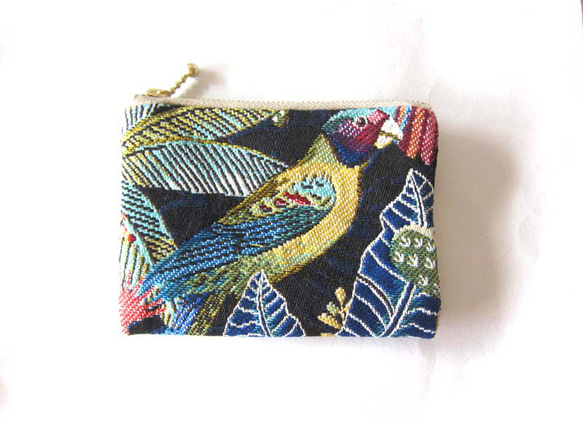 再販フランス生地　両面（S）熱帯雨林植物　小鳥　スマトラ　ジャングル　ポーチ コスメ入れ　　カード入れ　　薬入れ 2枚目の画像