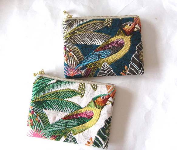 再販フランス生地　両面（S）熱帯雨林植物　小鳥　スマトラ　ジャングル　ポーチ コスメ入れ　　カード入れ　　薬入れ 3枚目の画像