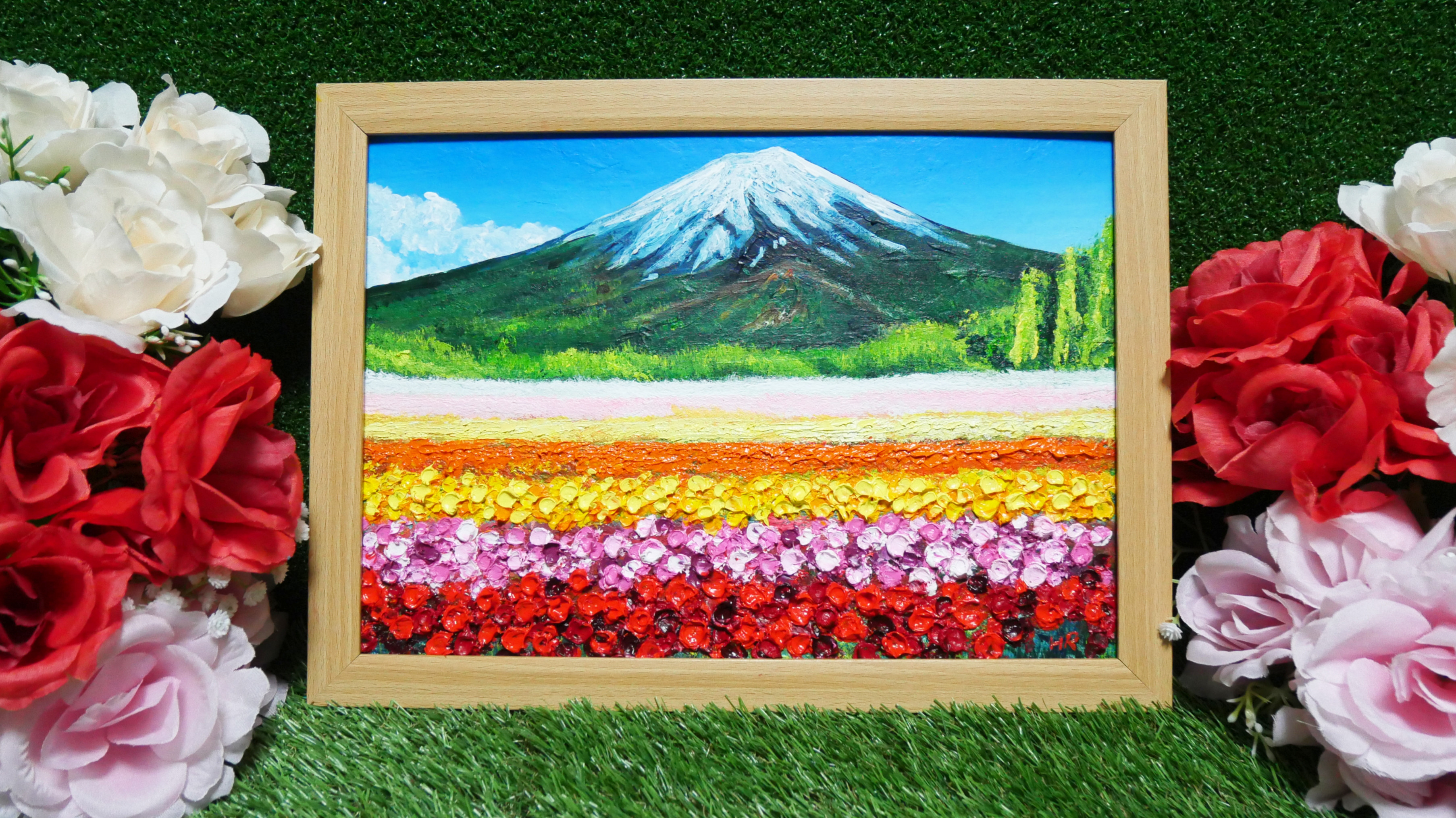 油絵 絵画 お花畑と富士山【A4】 絵画 HR 通販 16636583