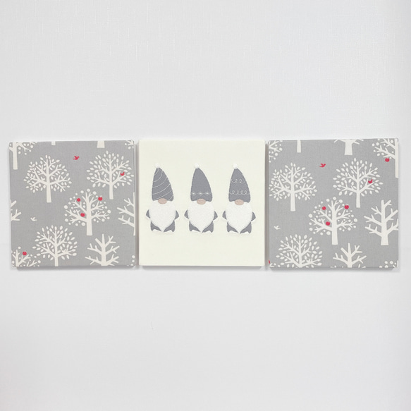 【送料無料】ファブリックパネル　サンタ刺繍&北欧の森グレー　20×20cm 3枚セット 2枚目の画像