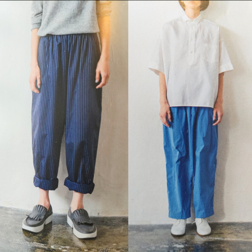 リネン（麻）100％ 薄デニム調サルエルパンツ 両サイド脇