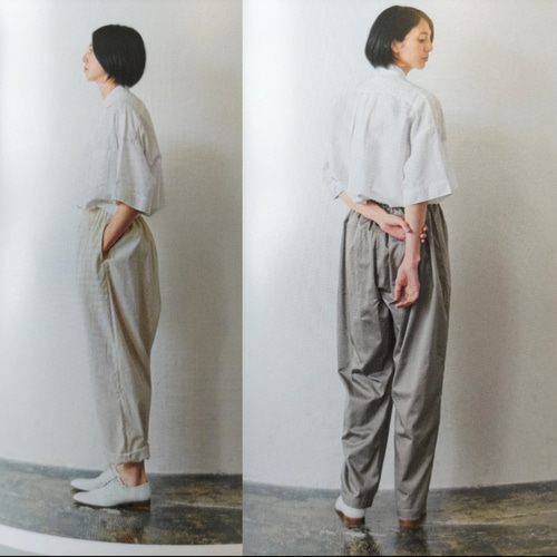 リネン（麻）100％ 薄デニム調サルエルパンツ 両サイド脇