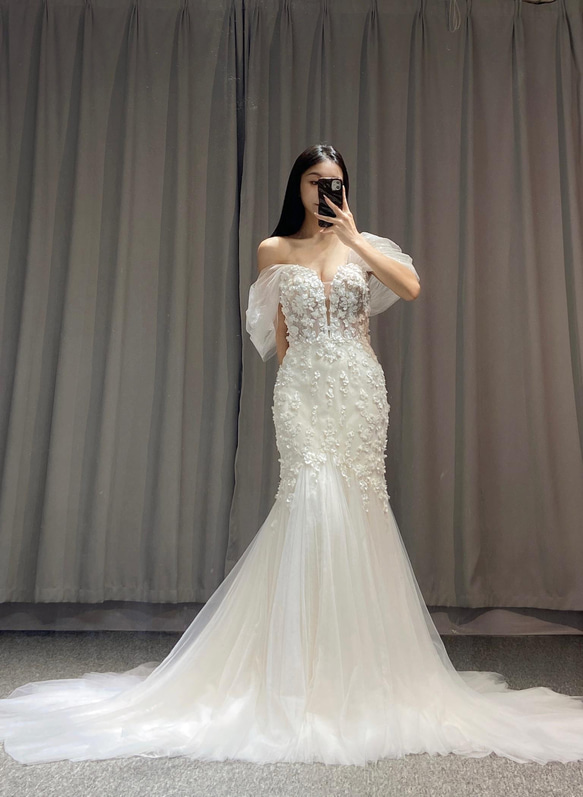 パフスリーブマーメイドドレス パフスリーブ バックV ソフトマーメイドドレス（W253）