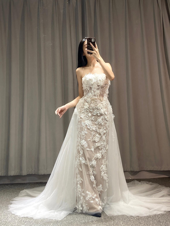 ウェディングドレス マーメイドライン ホワイト トレーン レース 豪華