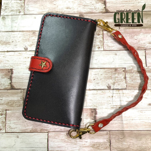 栃木レザーレッドiPhoneケース2枚ポケット付き手帳型本革