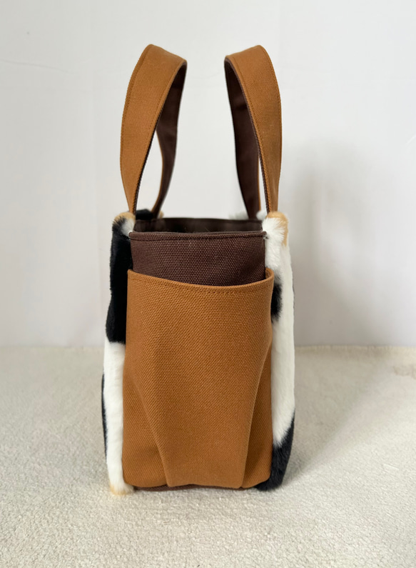 【Sサイズ】三毛猫　ボアバッグ　8号倉敷帆布使用　手提げバッグ　サイドポケット付き　akaneko アニマルボア　 4枚目の画像
