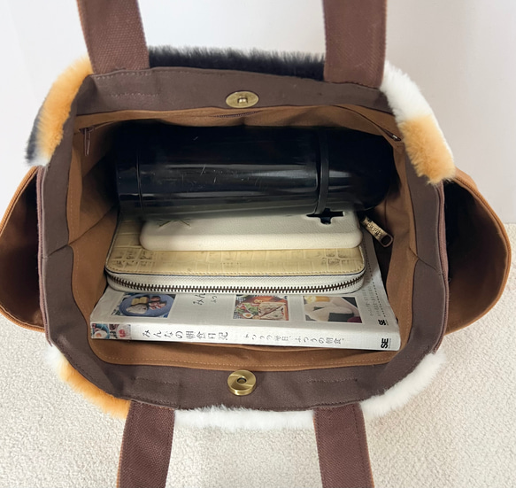 【Sサイズ】三毛猫　ボアバッグ　8号倉敷帆布使用　手提げバッグ　サイドポケット付き　akaneko アニマルボア　 9枚目の画像