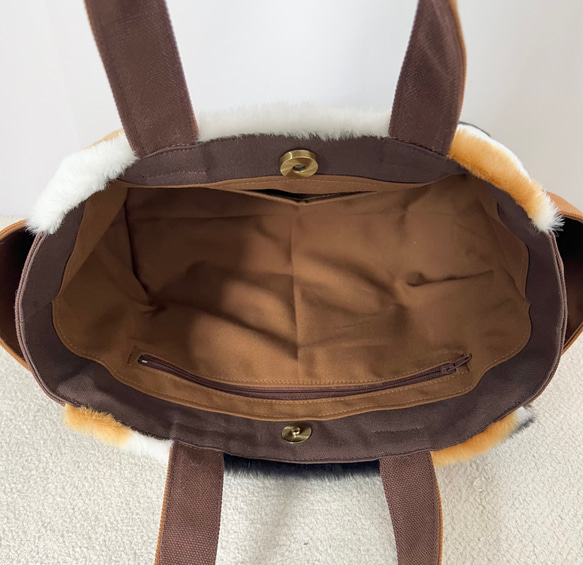 【Sサイズ】三毛猫　ボアバッグ　8号倉敷帆布使用　手提げバッグ　サイドポケット付き　akaneko アニマルボア　 6枚目の画像