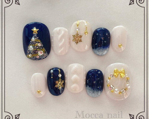 036】クリスマスネイル ニットネイル 雪の結晶 ネイビー ネイルチップ