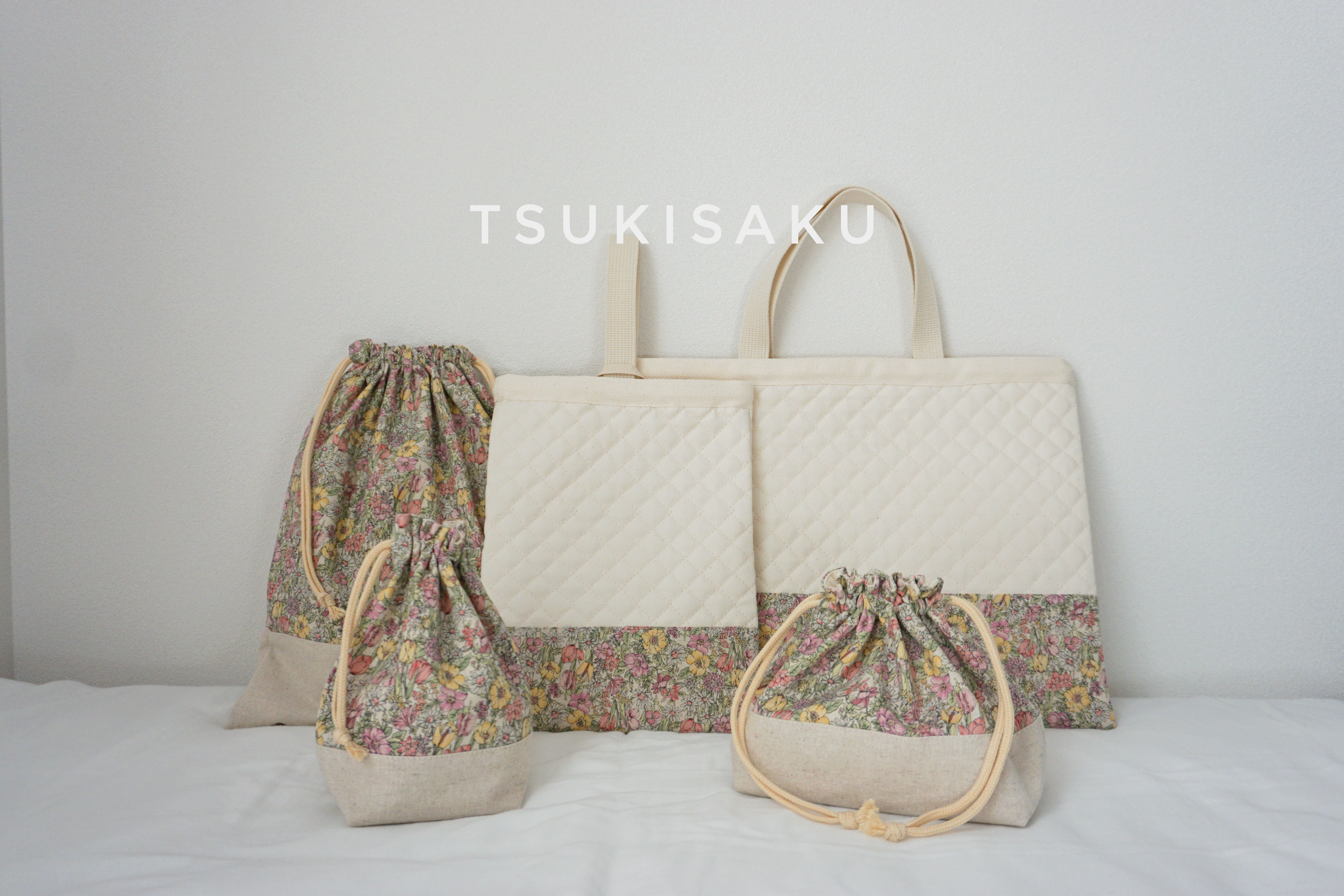 《入園入学グッズ5点セット》綿麻キャンバス小花柄｜入園入学準備｜サイズオーダー可｜くすみカラー｜入園入学セット｜