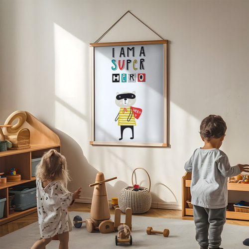 子供向けアートポスター スーパーヒーローくまちゃん 北欧風モノトーン