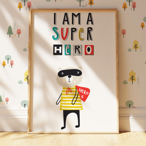 子供向けアートポスター スーパーヒーローくまちゃん 北欧風