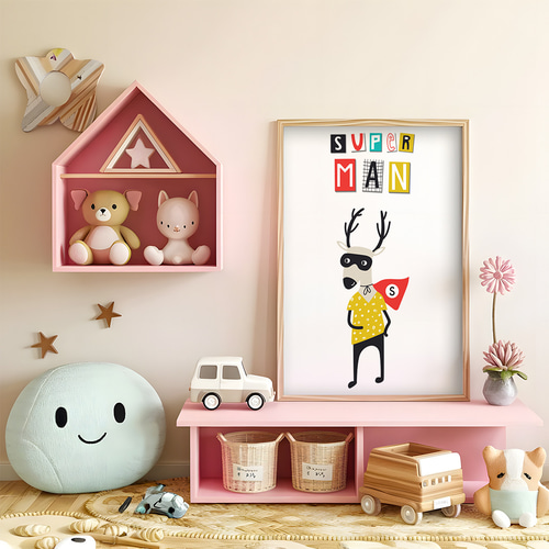 子供向けアートポスター スーパーマン鹿 マントをつけた動物ヒーロー