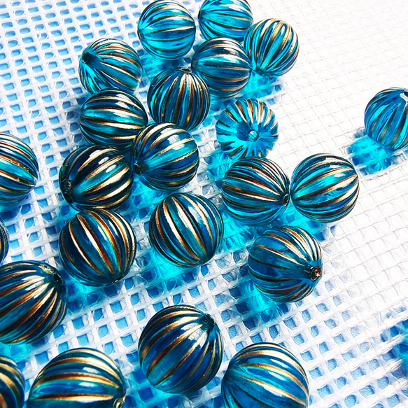 【10個/12mm】縦穴　ゴールド模様　クリアブルー　かぼちゃ型　南瓜　ビーズ　ハンドメイドパーツ　k/ボール形 4枚目の画像